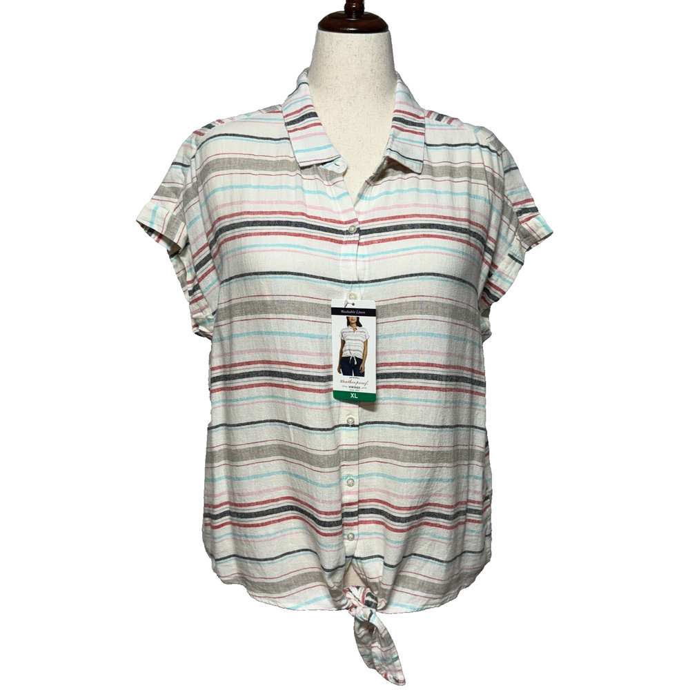 Weatherproof Vintage Top Womens XL Red White‎ Linen Blend Tie Front Beachy NWT